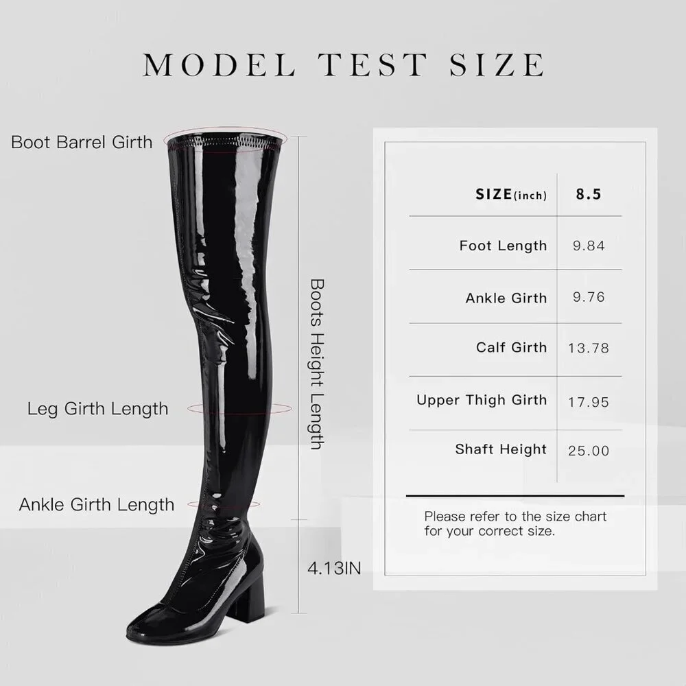 Women Black Patent Leather PU Chunky Heel Over The Knee Square Toe Long Boot